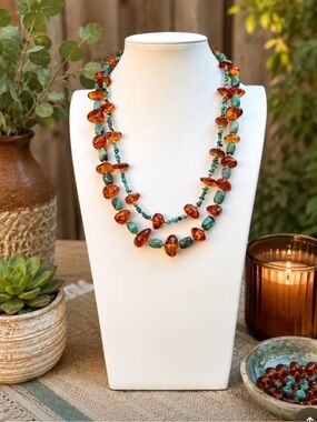 ARTISAN Genuine Baltic Amber and Turquoise Double-Stranded Necklace